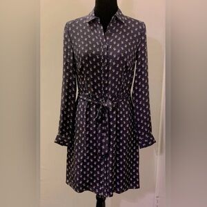 Navy Blue 💯 Silk Brooks Brothers Floral Print Button-Front Midi Shirt Dress 2